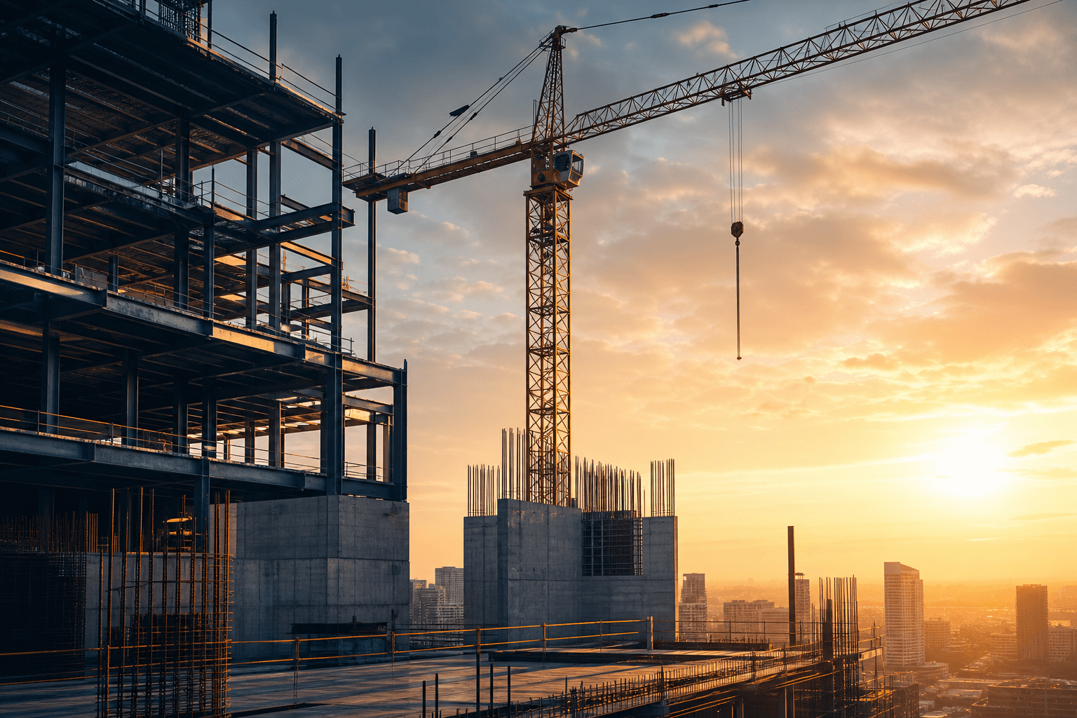 High-rise construction structure and tower crane at golden hour
